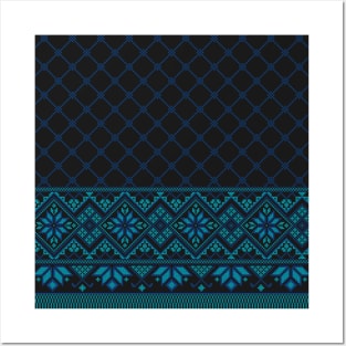 Palestinian Arabic Kufiya Keffiyeh or also called Hatta Traditional Pattern with Tatreez Embroidery Art Design Blue Posters and Art